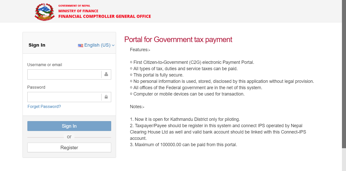Portal for Government tax payment in Nepal