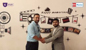 Amit Agrawal (L), Director of Khalti, and Bharat Agrawal, CEO of Cinestar Pvt. Ltd. (Big Movies) shake hands after signing partnership agreement
