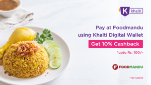 Order food online from Foodmandu and pay via Khalti wallet to get 10% cashback instantly